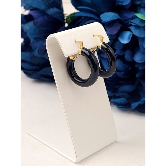 14K Yellow Gold Onyx Hoop Earrings 1" Diameter 6.29 Grams - Picture 1 of 6